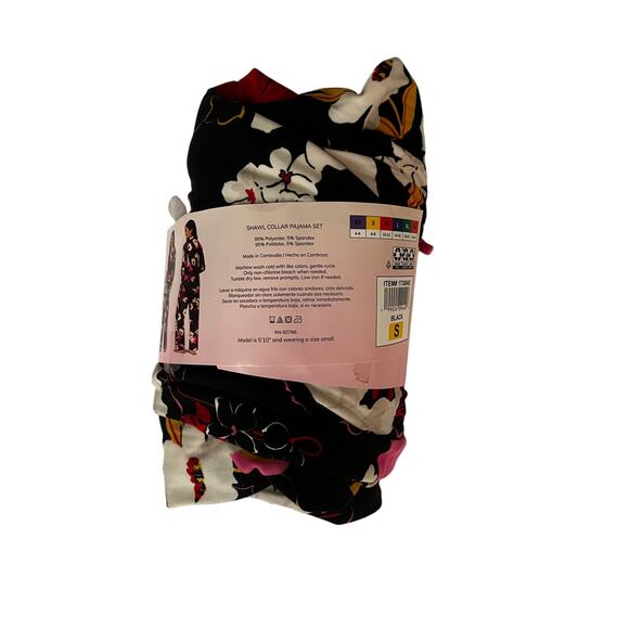 Room Service Shawl Collar Pajama Set (Size S) Color: Black/Pink/White-Floral New - Picture 13 of 13